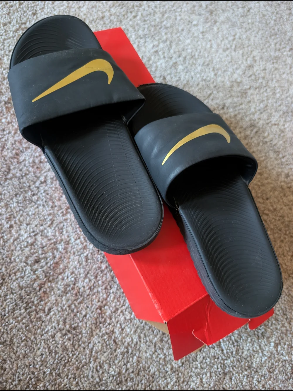 Nike Men’s Black Slide Sandals with Gold Swoosh Size 6